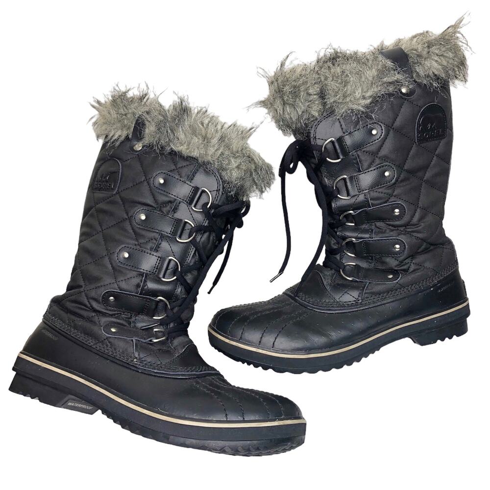 Sorel Winter Boots Tofino Quilted Black Faux Fur Tall Insulated Waterproof 11